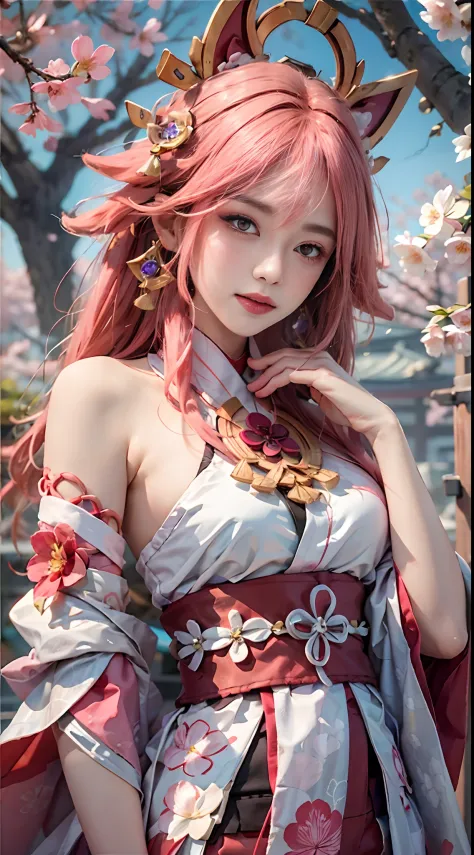 ((masterpiece, best quality)), (1girl),((mature female)), animal ears, bare shoulders, blush, breasts, cherry blossoms, closed m...