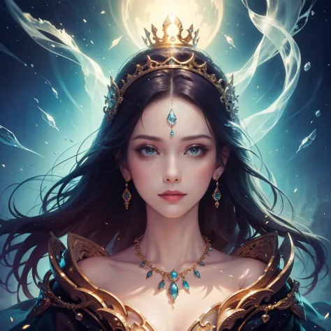 a close up of a woman wearing a necklace and earrings, High quality detailed art, Fantasy art style, Beautiful and elegant queen, a beautiful fantasy empress, Guviz-style artwork, Ethereal beauty, style of wlop, beautiful fantasy art portrait, Beautiful ch...