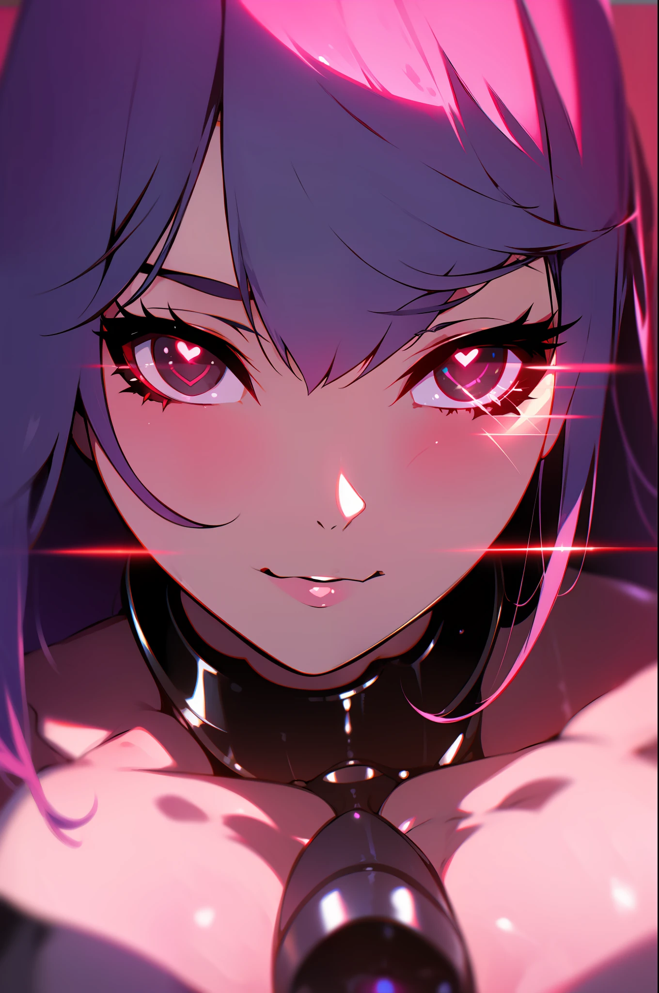 Primerísimo plano de una ciberchica sensual waifu con una mirada seductora y una sonrisa, seduciéndote con ojos rojos en forma de corazón, pidiendo afecto y amor, atrayéndote