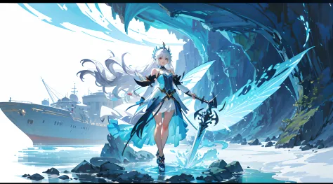 a picture of a woman with white hair and blue dress holding a sword, fantasy art style, trending on artstation pixiv, epic fanta...