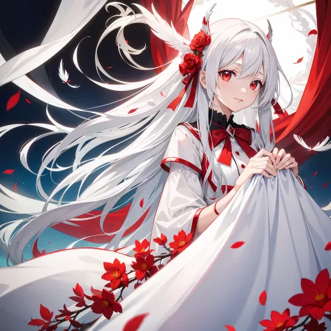 silver-white long hair，red color eyes，The white school uniform is a sea of red flowers，Feathers fall in the sky，light grin，Hair curtains，