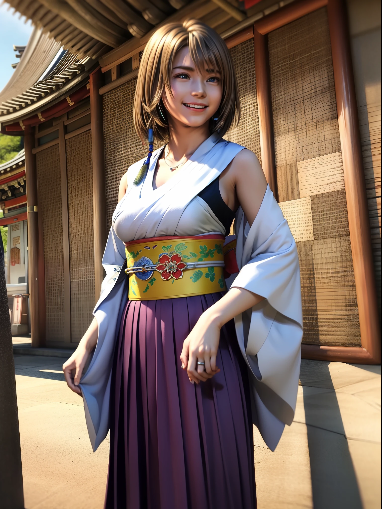 Blaue Perlenohrringe Hakama Rock Kimono Yuna FX、Live-Action-Adaption、realistisch、realistisch、Ein Lächeln、torii gate、Schreine、Solo、１Menschen Mädchen