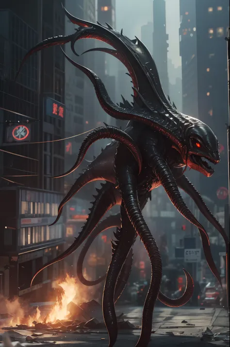 Cinematic image effects，Invasive alien creatures，Weird bullhead，Huge pliers，Spooky tentacles，blood vess，，Murderous，（Full body like：1.4），combats，The city was destroyed，Dispersed crowds for their lives，blasts，fire glow，废墟，of a real，Facial features are carefu...