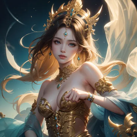 "Beautiful fantasy queen WLOP style，Guvez style artwork，8K high quality detailed art，Fantasy style，Close-up of woman wearing necklace and earrings under soft light effects，Perfect hands，Ethereal beauty。"