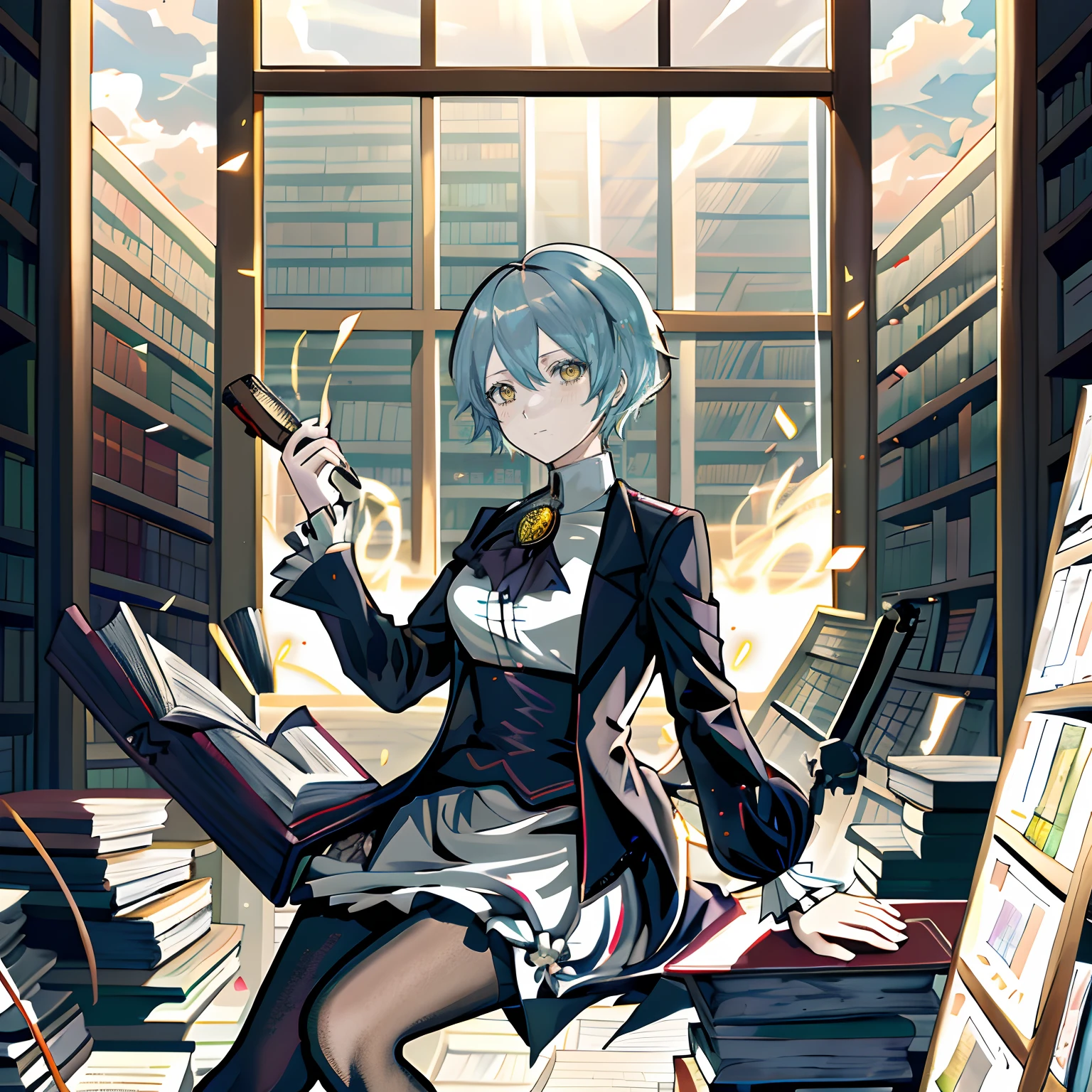 PremiumQuality，tmasterpiece，blonde eyes, light blue short hair,Anime girl reading in library in black pantyhose, anime key visual of elegant, Best anime 4k konachan wallpaper, Angela, 2 b, From the Library of Ruins, Ruins Library CG, alchemist library background, fate grand order, offcial art, Ruined library style, inspired by Li Chevalier, The destroyed library world