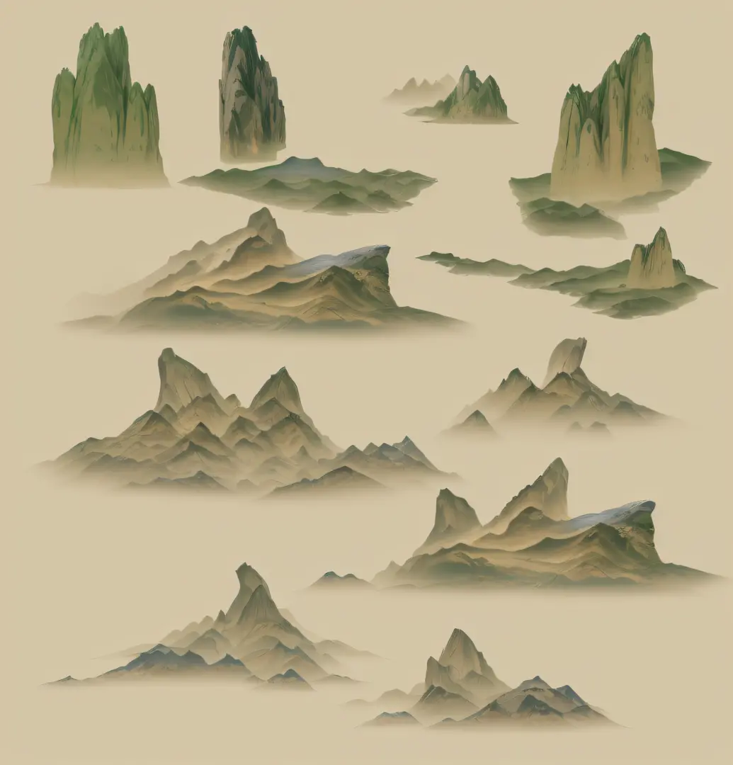 A close-up of a bunch of mountains and a few rocks, Floating mountains, alien mountains, mountain scene, Mountains, mountain ranges, craggy mountains, Peaks, moutains, some mountains in the background, mountain ranges, mountainous terrain, mountainous back...