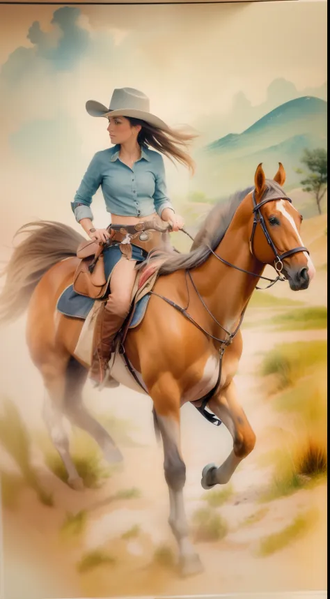 aquarelle，​masterpiece，The western cowgirl is riding a horse
