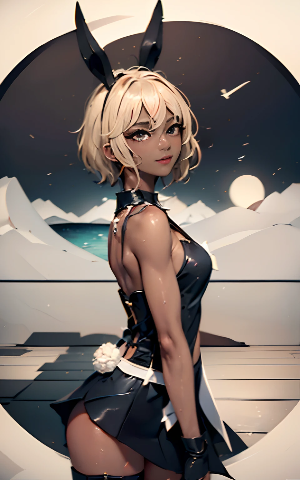 Create 12K resolution of an 18-year-old female supermodel-style character with detailed full body, Highly detailed, Best Quality, (masutepiece:1.2), Highly detailed,  1girl in, Solo, Looking at the viewer, of the highest quality, Incredibly beautiful, very delicate 8k wallpaper, Transcendently Beautiful Girl, Masterpiece face, (Eyes of a masterpiece:1.5), (Multicolored blonde hair, Short shaving surface, very short back, Very short side, Undercut, sidecut:1.3), (long eyelashes), (deep skin, Dark skin:1.7), makeup, I have a lot of piercings., (Wearing fishnet stockings:1.2), , (Five Fingers, 4fingers and 1thumb),  {{{{(Glossy shocking pink lipstick}}}}}、Oil, in heat, Naughty face, Garter Belt, garter strap, {{{{bright red、Wearing, Bunny Girl, playboy, bunny}}}}, Poses to captivate、Little devil smile、Grinning、Background image is money, Casino, alcohol, drug