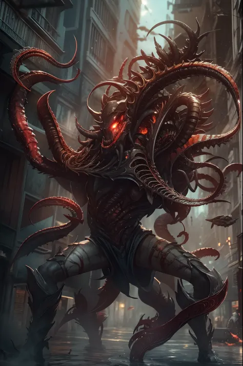 Cinematic image effects，Invasive alien creatures，（Strange bullhead：1.4），Huge pliers，Spooky tentacles，blood vess，，Murderous，（Full body like：1.4），combats，The city was destroyed，Dispersed crowds for their lives，blasts，fire glow，废墟，of a real，Facial features ar...
