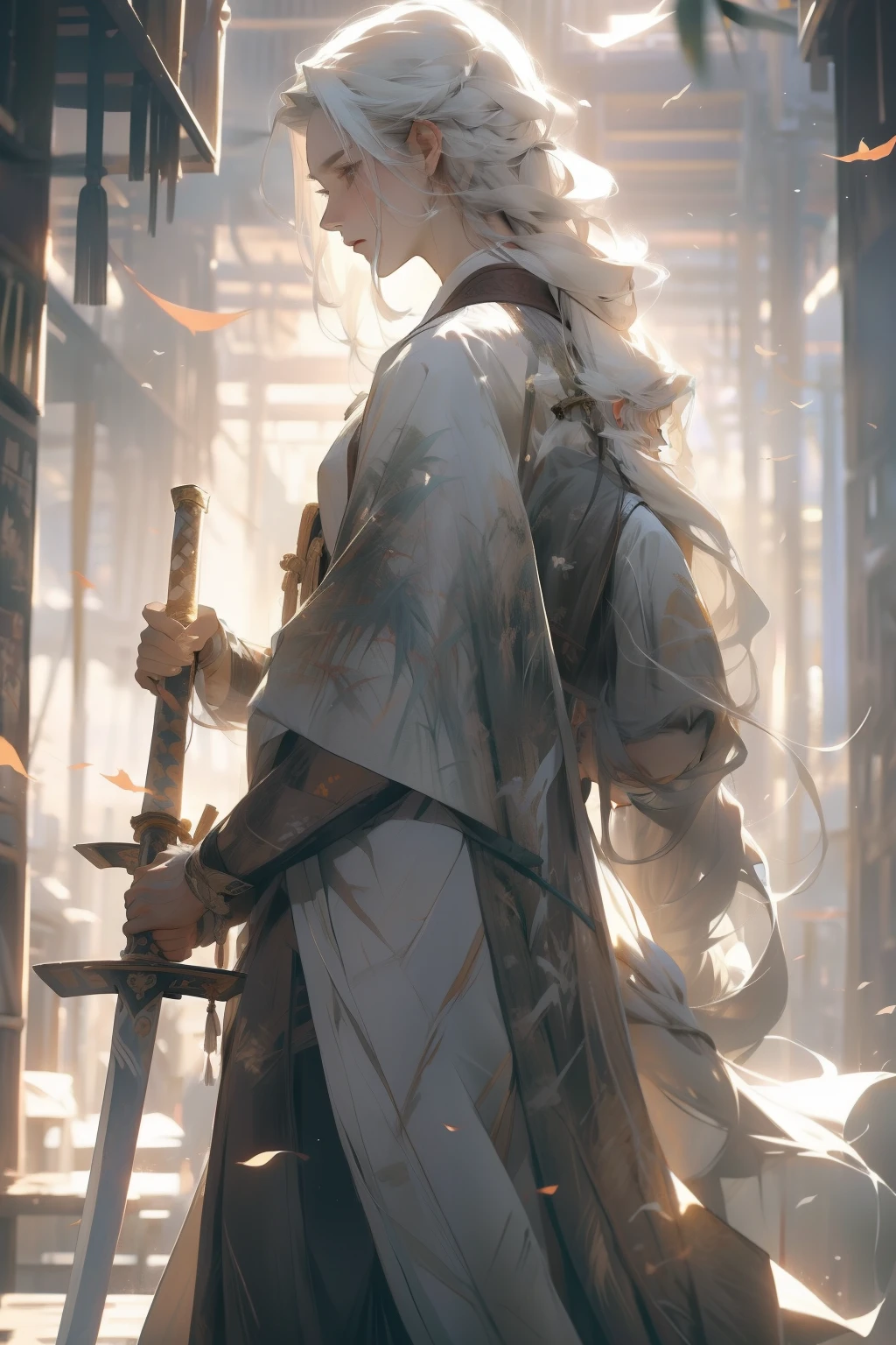 A 男 with long white hair,竹林に立つ,長い剣を持っている,背を向けて,白いローブを着る,ストリーマーソードを握る,男
