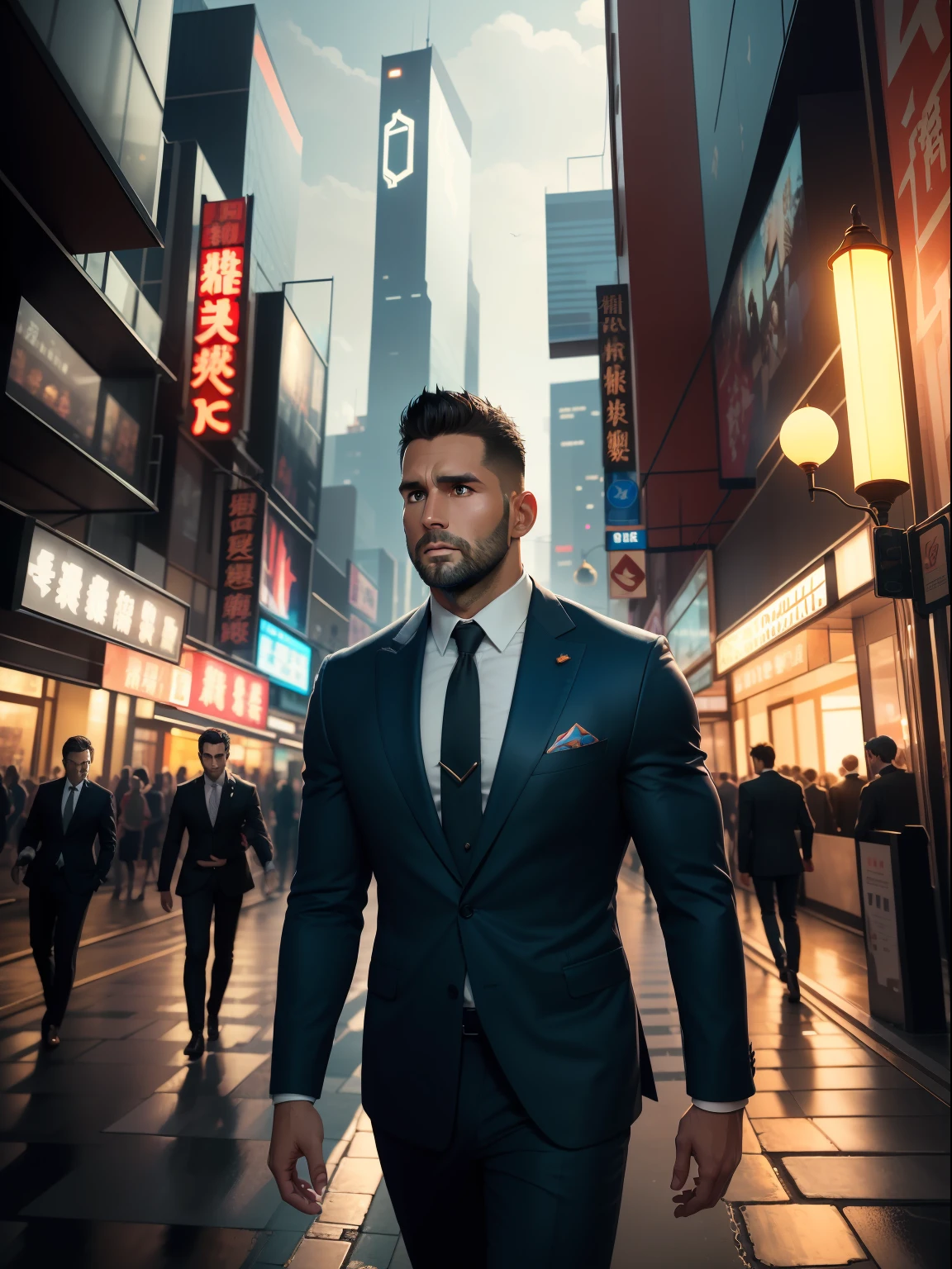 (Masterpiece) Extremely quality, hyper detailed illustration, Ultra-high resolution, Interpret the handsome image of a handsome 36-year-old man，The suit is straight，mature。Muscular，showing whole body，Short hair and inadequate trimming of stubble，In a surreal high-rise sci-fi city。Background crowds gather for a walk，Street background details are exquisite，The scene is surreal，Create an enchanting graphic style，fantasy，lamplight，realisticlying， The is very detailed， 复杂， high detal，独奏