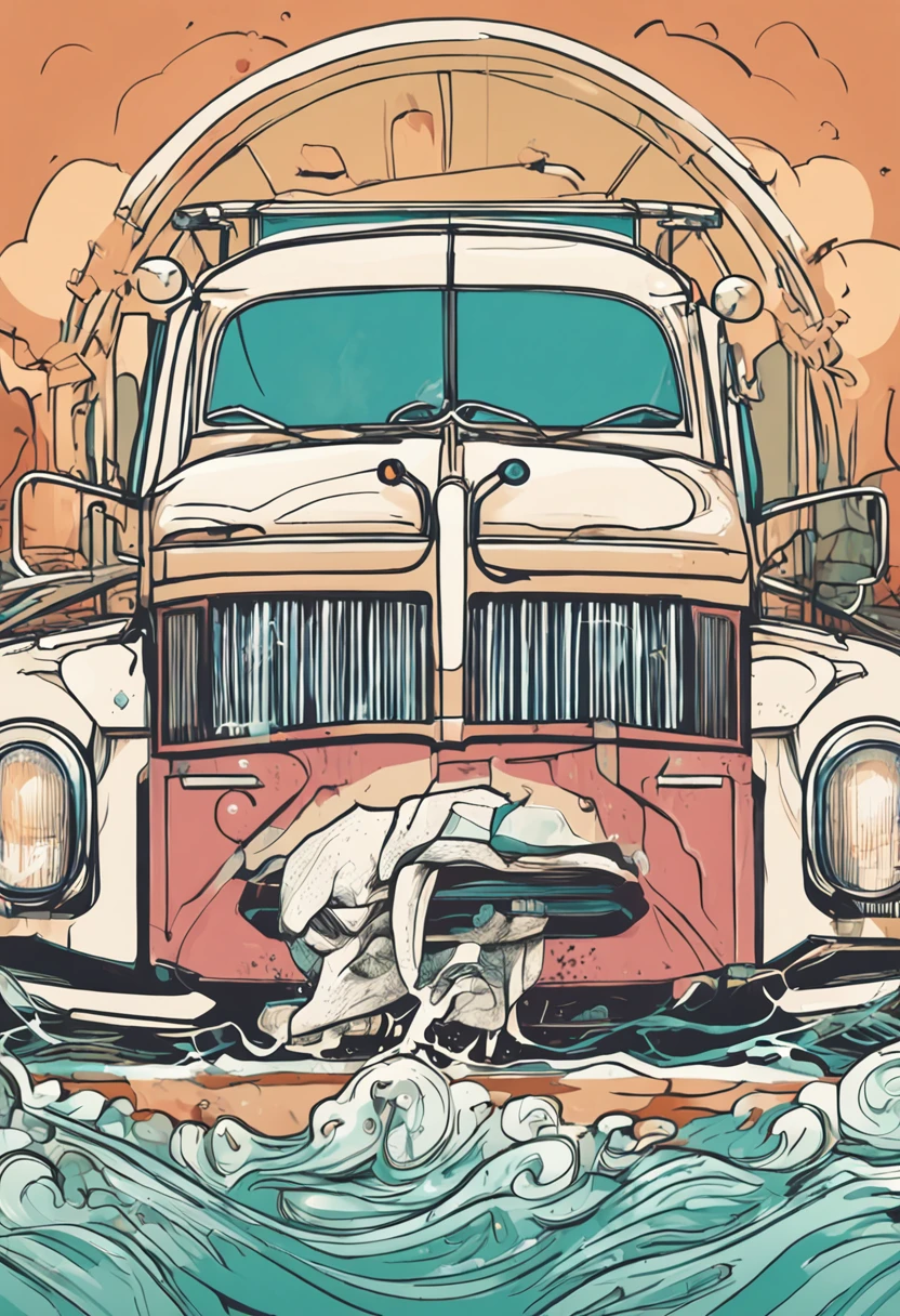 Illustration of a truck with a man on the front driving on a surfboard -  SeaArt AI