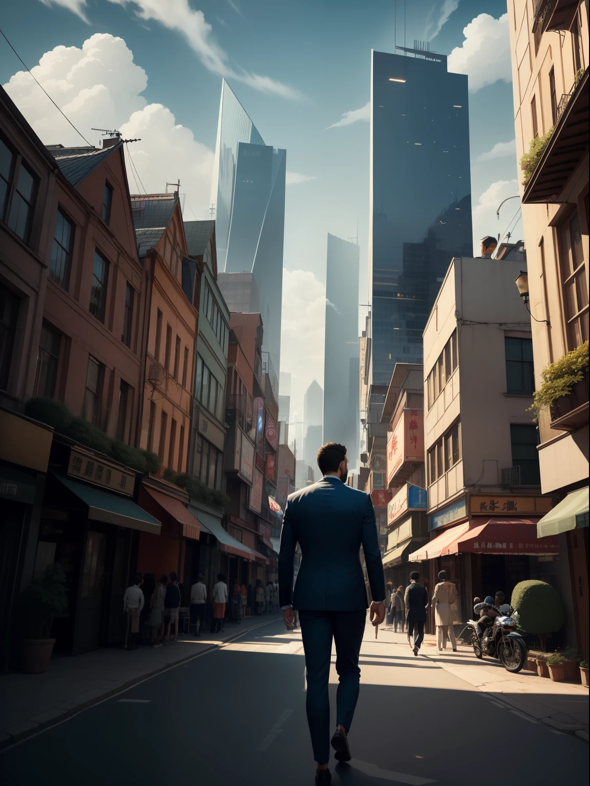 (Masterpiece) Extremely quality, hyper detailed illustration, Ultra-high resolution, Interpret the handsome image of a handsome 36-year-old man，The suit is straight，mature。Muscular，showing whole body，Short hair and inadequate trimming of stubble，In a surreal high-rise sci-fi city。with blue sky and white clouds，Background crowds gather for a walk，Street background details are exquisite，The scene is surreal，Create an enchanting graphic style，fantasy，lamplight，realisticlying， The is very detailed， 复杂， high detal，独奏