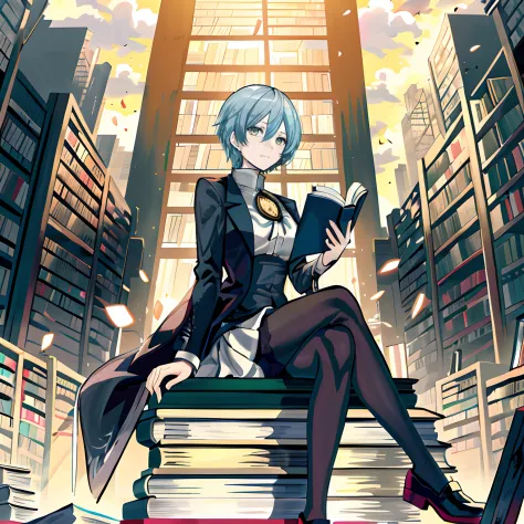 premiumquality，tmasterpiece，blonde eyes, light blue short hair,anime girl in black pantyhose and blue booties sitting in the mid...