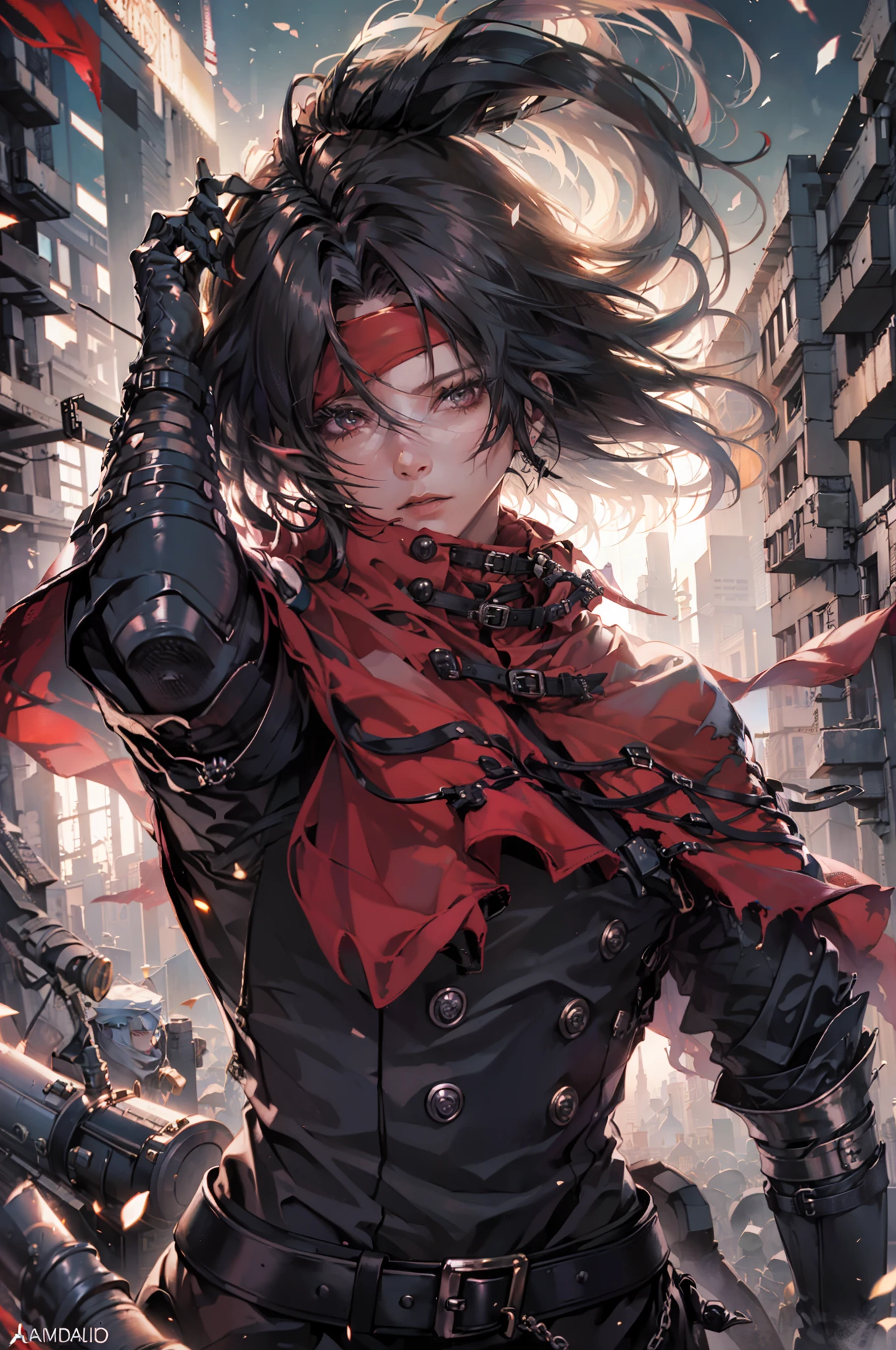 (absurdities, High Resolutions, ultra detailed, HDR), Masterpiece, The best quality, VincentValentine's Day, 1man, only, handsome,  long black hair, Red eyes, red cape, red headband, covered mouth, long neck, dark background, machine gun, surrounded by bullet, From above, dynamic  pose