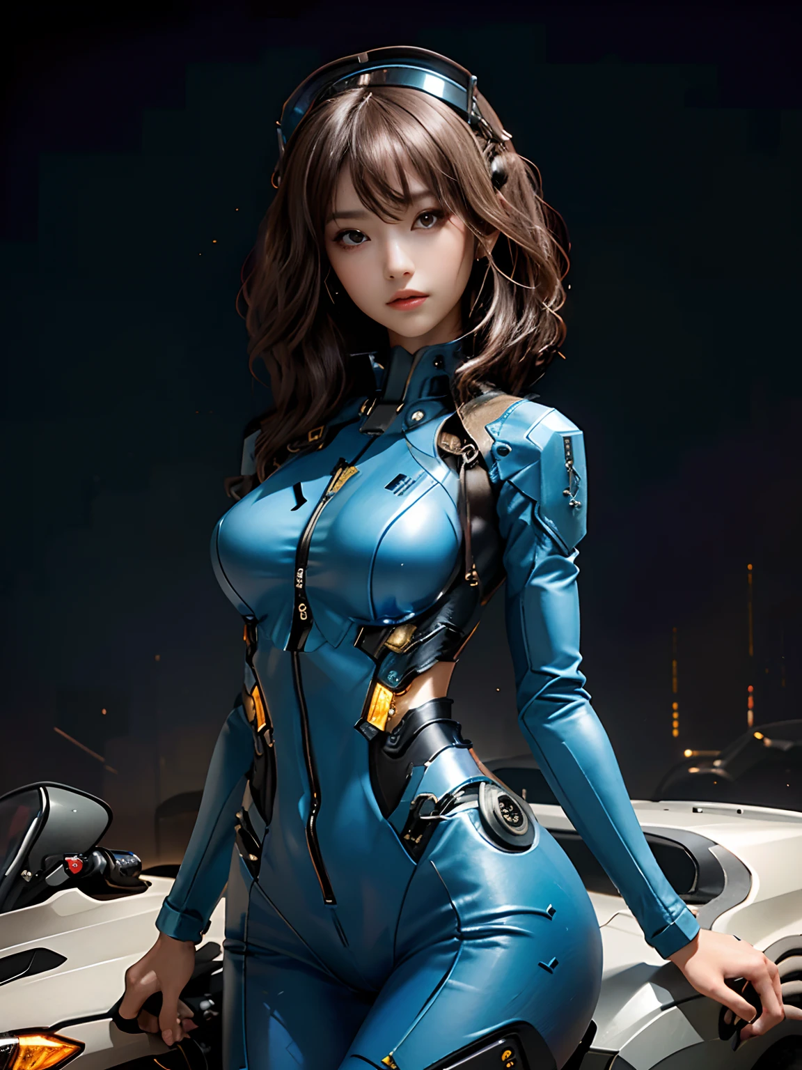 Highest image quality, excellent details, 超A high resolution, (fidelity: 1.4), The best illustrations, favor details, High cohesiveness, 1girl in, with a delicate and beautiful face, Plump chest, Sexy body, Dressed in gorgeous mechs, Wearing a mecha helmet, holding a directional controller, riding on motorcycle, the background is a high-tech lighting scene of the futuristic city.evangerion,plugsuit,pilot