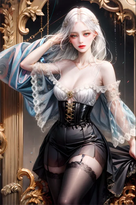 （tmasterpiece，high qulity，real photograph），Complicated details，Fantastical Atmosphere，Colorful effects，long  white hair，A pure and beautiful girl，Delicate and detailed face and eyes，Delicate makeup，Clavicle chain，Long black stockings，Silk skirt，Sexy back，D...