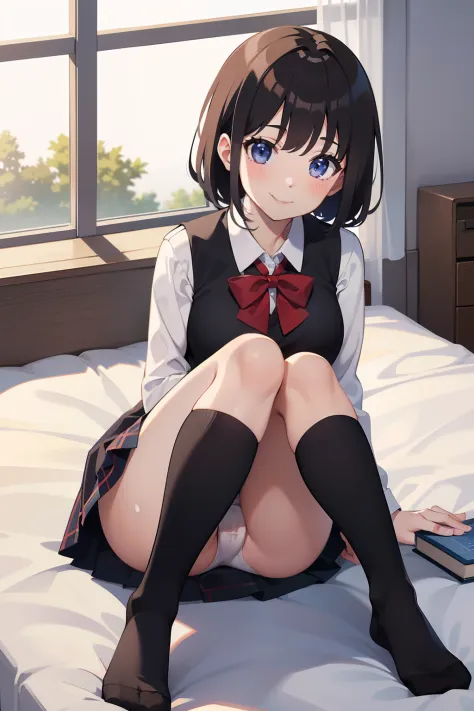 1girl in, (Ultra-high image quality,masutepiece:1.2), spread legswide,plaid skirts,School uniform,White panties,Smiling,on the beds,(Black socks:1.4),8k
