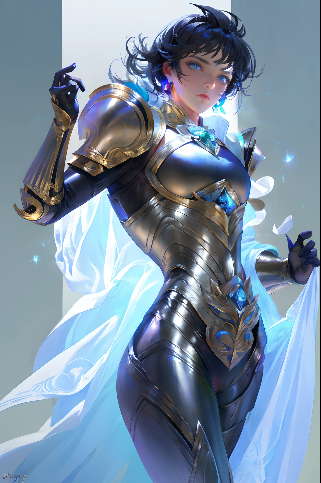 Ultra-high saturation，（tmasterpiece）， fully body photo，（best qualtiy）， （1girll）， starryskybackground，Wearing shiny gold armor， Sexy lingerie type armor，Expose your chest，Expose the waistline，Exposing thighs，cool-pose， Saint Seiya Armor， messy  hair，high detal, Anime style, Cinematic lighting, Sparkle, god light, Ray traching, filmgrain, hyper HD, textureskin, super detailing, Anatomical correct, A high resolution，Ultra-high saturation，hight contrast，High-gloss armor，Smooth skin，Serious expressions,Dark room,