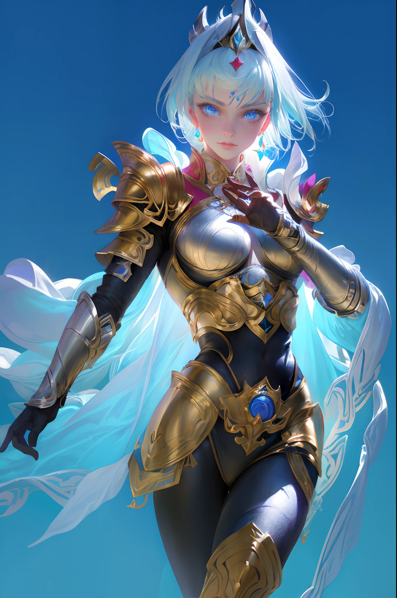 Ultra-high saturation，（tmasterpiece）， fully body photo，（best qualtiy）， （1girll）， starryskybackground，Wearing shiny gold armor， Sexy lingerie type armor，Expose your chest，Expose the waistline，Exposing thighs，cool-pose， Saint Seiya Armor， messy  hair，high detal, Anime style, Cinematic lighting, Sparkle, god light, Ray traching, filmgrain, hyper HD, textureskin, super detailing, Anatomical correct, A high resolution，Ultra-high saturation，hight contrast，High-gloss armor，Smooth skin，Serious expressions,Dark room,