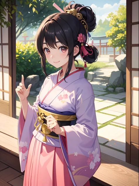 1girl in、A smile、A delightful!　Taisho period in Japan、Pink kimono、Hakama、（small tits）