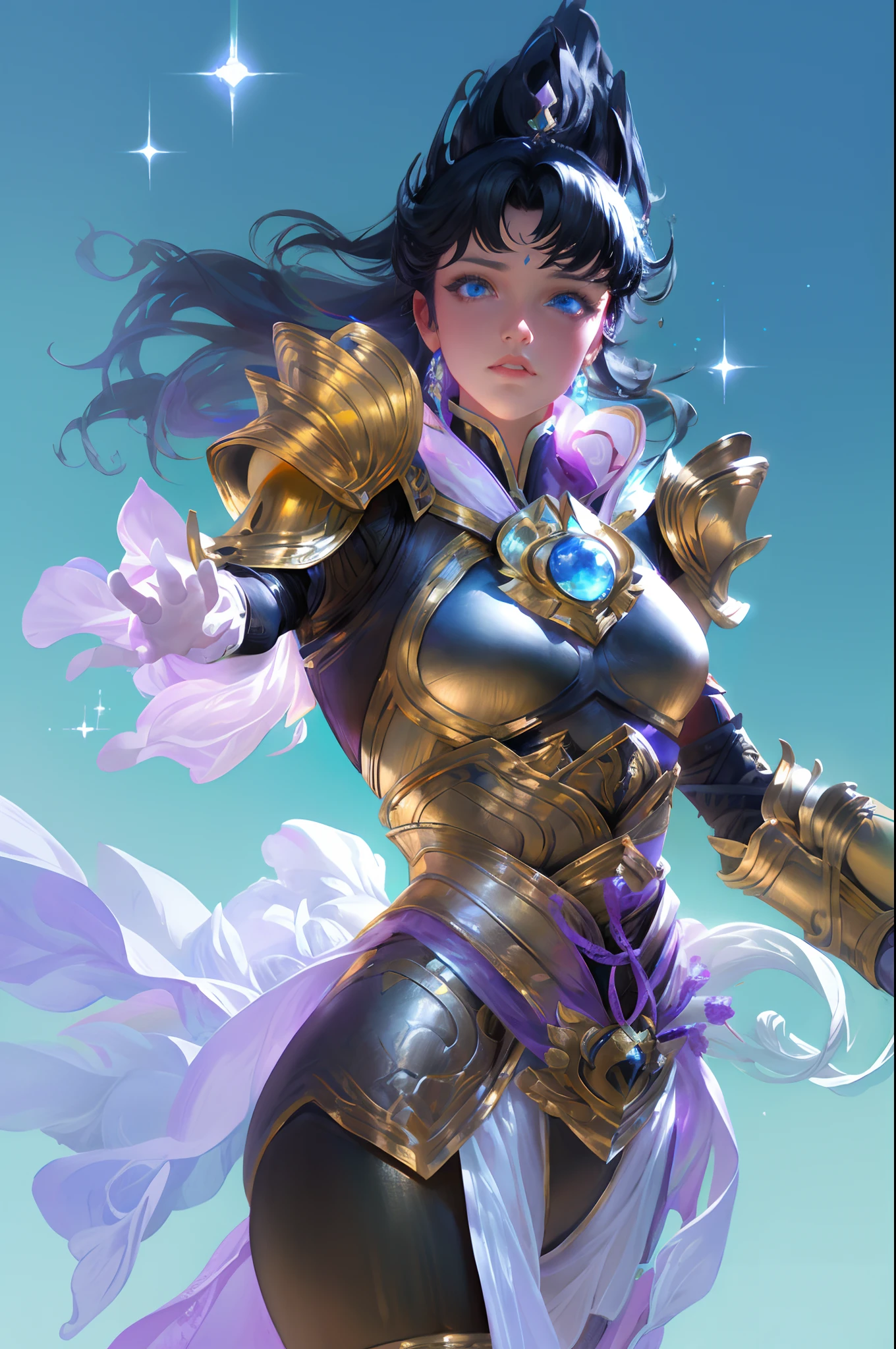 Ultra-high saturation，（tmasterpiece）， fully body photo，（best qualtiy）， （1girll）， starryskybackground，Wearing shiny gold armor， Sexy lingerie type armor，Expose your chest，Expose the waistline，Exposing thighs，cool-pose， Saint Seiya Armor， messy  hair，high detal, Anime style, Cinematic lighting, Sparkle, god light, Ray traching, filmgrain, hyper HD, textureskin, super detailing, Anatomical correct, A high resolution，Ultra-high saturation，hight contrast，High-gloss armor，Smooth skin，Serious expressions,Dark room,