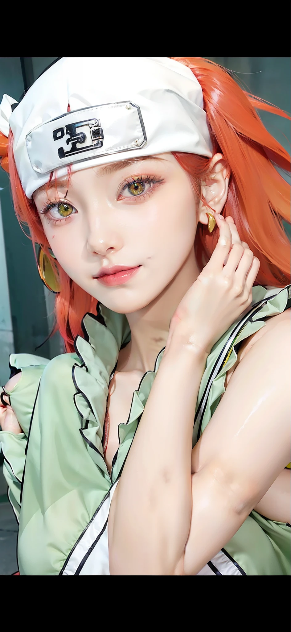 Anime cosplay of a woman with red hair and a white hat - SeaArt AI