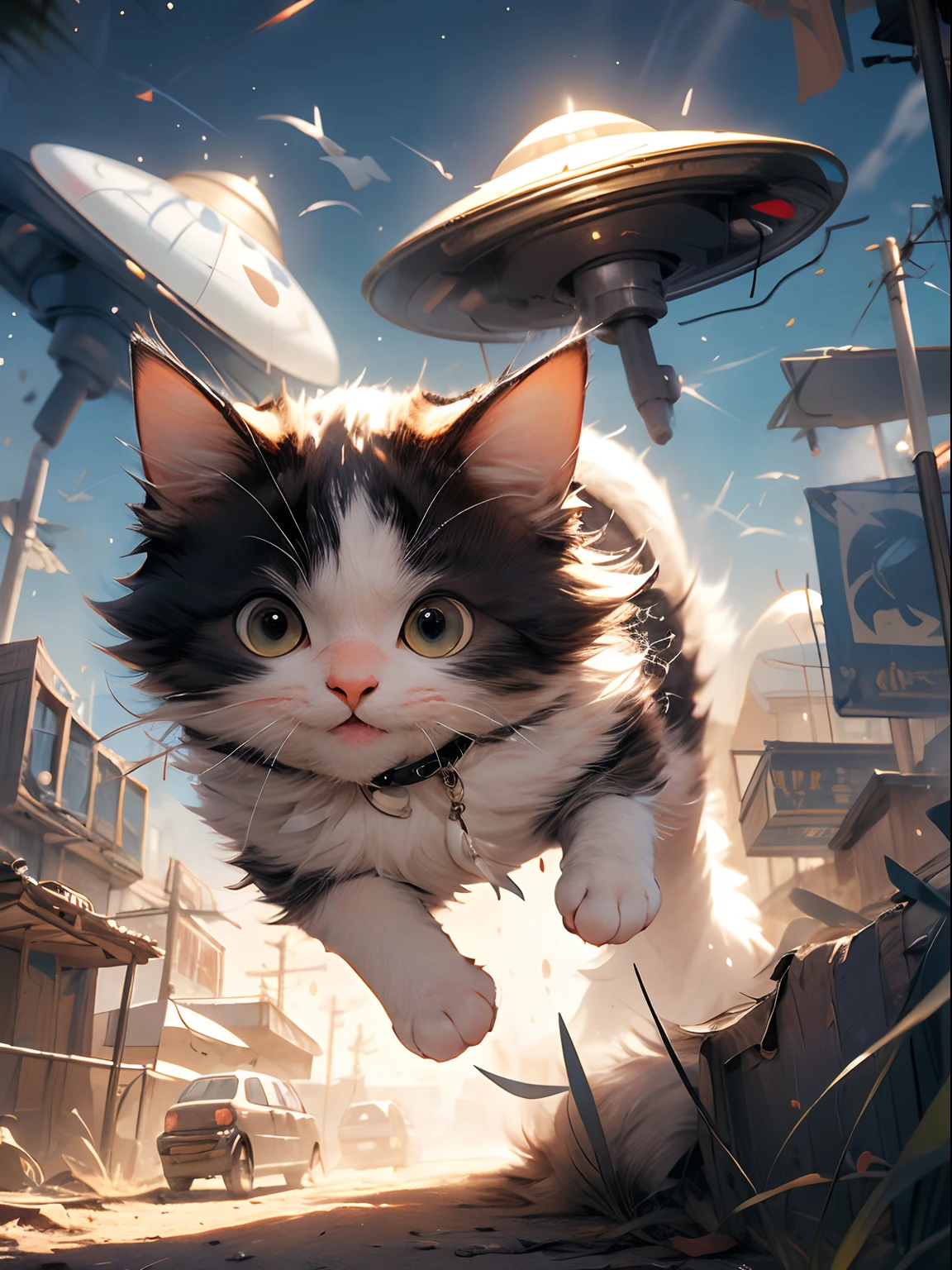 (Masterpiece:1.2, high quality),cat, absurdres, highres, ultra detailed, 1cat, cute, scifi, alien, alien invasion, post apocalyptic, ufo