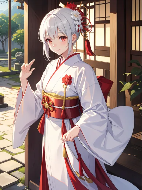1girl in、A smile、A delightful!　Taisho period in Japan、White kimono、Wearing a scarlet hakama、