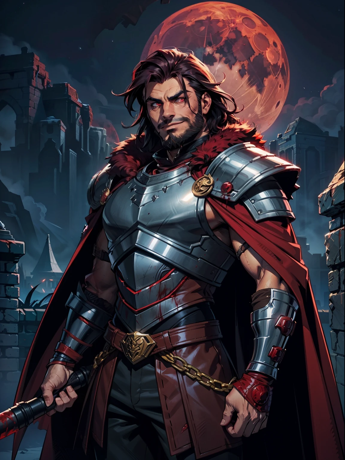 Dark night blood moon background, Darkest dungeon style, looking at the moon, game portrait, Sadurang from Marvel, hunk, short mane hair, mullet, defined face, detailed eyes, short beard, glowing red eyes, dark hair, wily smile, badass, dangerous, wearing armor set of red dragon scales, cape of furs