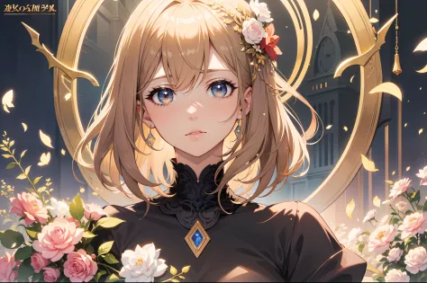Official Art, Masterpiece European female face, short hair, lightbrown hair , brown eyes , flower garden , (​masterpiece、top-quality、hight resolution: 1.4),in 8K, Drawing of a woman with short lightbrown hair, Anime Art Nouveau, highly detailed exquisite f...