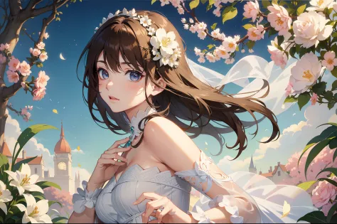 Official Art, Masterpiece European female face, short hair, lightbrown hair , brown eyes , flower garden , (​masterpiece、top-quality、hight resolution: 1.4),in 8K, Drawing of a woman with short lightbrown hair, Anime Art Nouveau, highly detailed exquisite f...