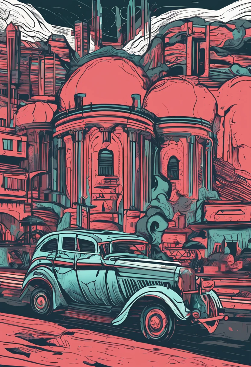 A poster of a car driving down a street next to a building - SeaArt AI