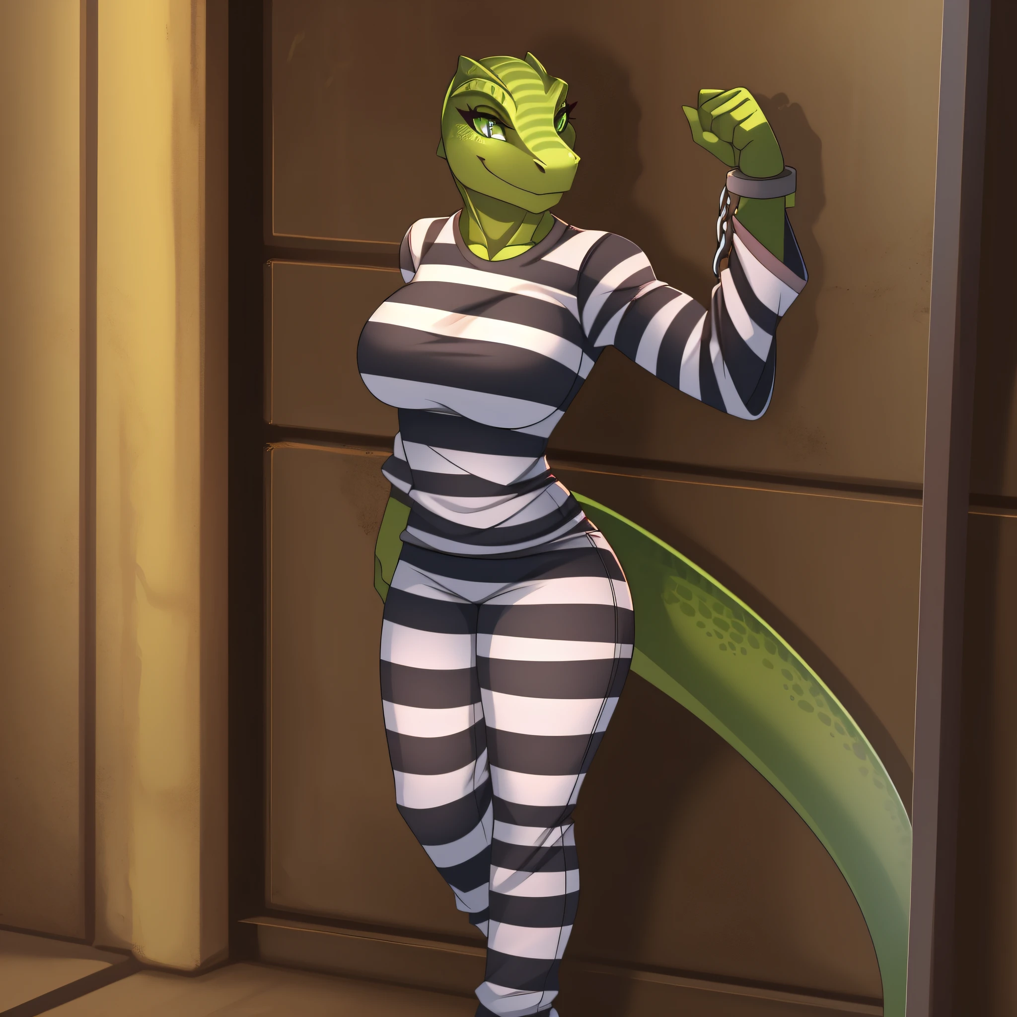 Solo, female, scalie, green eyes, lizard, smiling, green skin, green body, muscular, detailed hands, ((priclothes)), ((striped clothes)), prisoner, clothes, clothing, outfit, shirt, long sleeves, pants, full body, shackles,