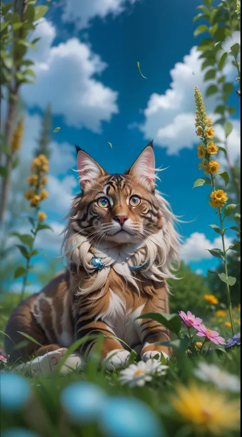 Russet maincoon With blue eyes, Sitting in the grass among the flowers, Very high-quality photo, professionally staged light, on a street with clear weather, blue cumulus clouds in the sky, very beautiful, an awesome landscape against the background, A sti...