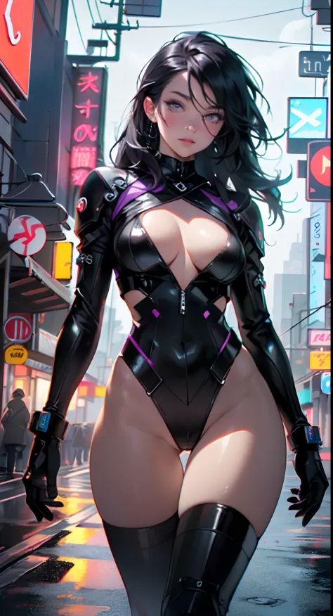 girl spacepunk,(((1girl))),((extremely cute and beautiful black haired anime girl walking down the street)),

(large breasts:1.4),saggy breasts,(((black wavy hair:1.35,absurdly long unkempt hair,messy hair,colored inner hair,ear breathing))),((purple eyes:...