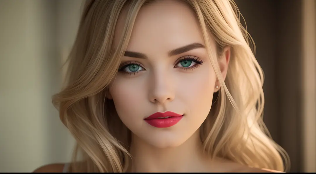 uma mulher jovem e bonita, blonde hair that falls gently in waves up to the shoulders, altura mediana, olhos grandes e verdes, p...