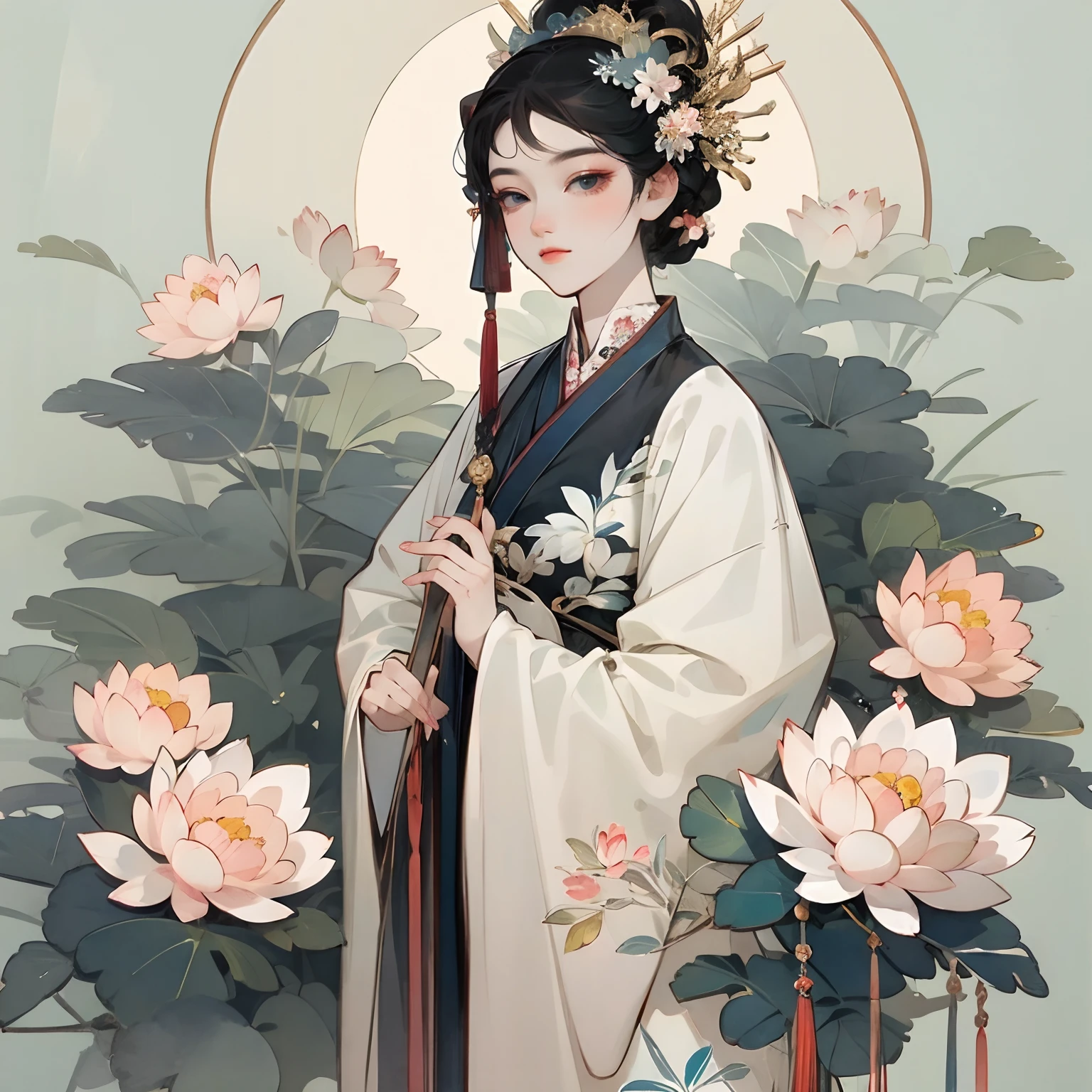 vietnam girl，Nhat Ping costume，Lotus art。in an art nouveau style，2D watercolor art，simple color，Peonies and clouds，flatcolors ，Gentle hesitant eyes，