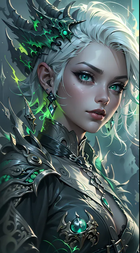 Female necromancer conjuring green flames,（hoang lap，A high resolution，hyper detailled），Black Soul theme, leather，Off-white，necromancer, necromancy，Background of details，Northern Valley，Irithyll，Cold moon，Rule of thirds，boundage，Diablo 4 style，intricate-de...