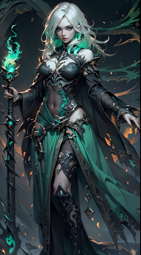 Female necromancer conjuring green flames,（hoang lap，A high resolution，hyper detailled），Black Soul theme, leather，Off-white，necromancer, necromancy，Background of details，Northern Valley，Irithyll，Cold moon，Rule of thirds，boundage，Diablo 4 style，intricate-de...