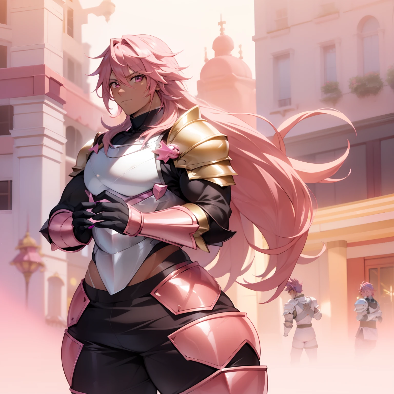 Anime, ((Solo 1Male)),((Long, hot Pink hair)), ((tanned Skin:0.e)), Knight,  ((Pink Armor with gold accents)), Handsome, thick thighs  , Crusadermon, Massive Thighs, huge ass