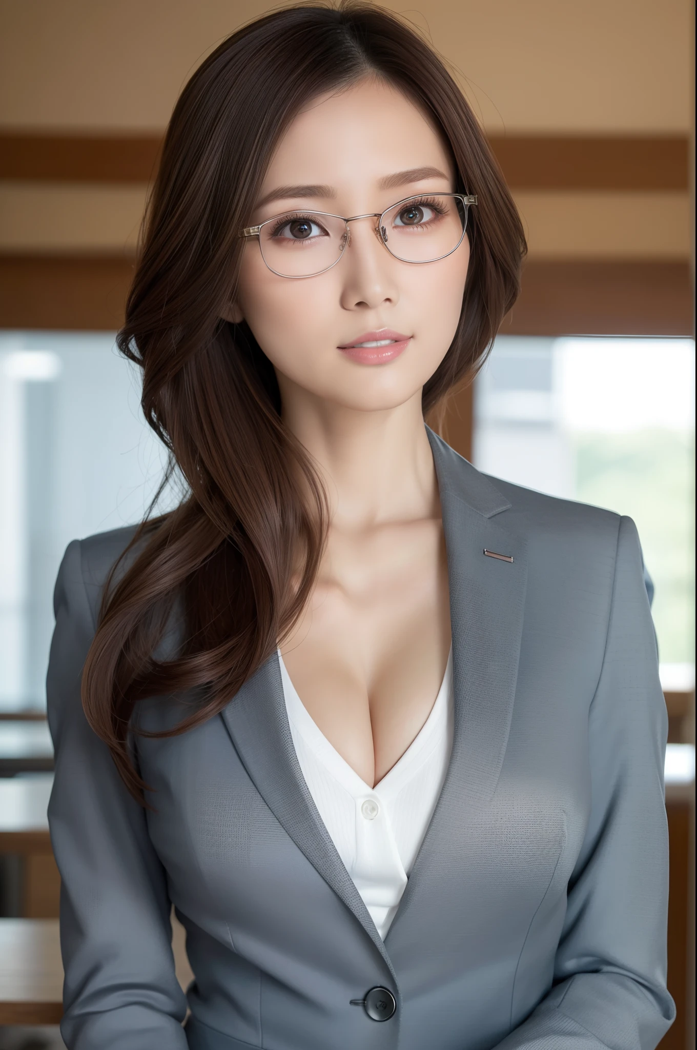 masutepiece, Best Quality, Raw photo, Ultra-detailed, finely detail, hight resolution, 8K Wallpaper, Perfect dynamic composition, Beautiful detailed eyes, Business Suit, Natural Lip,Slender and big , Natural hair,Hair put together、 eye glasses