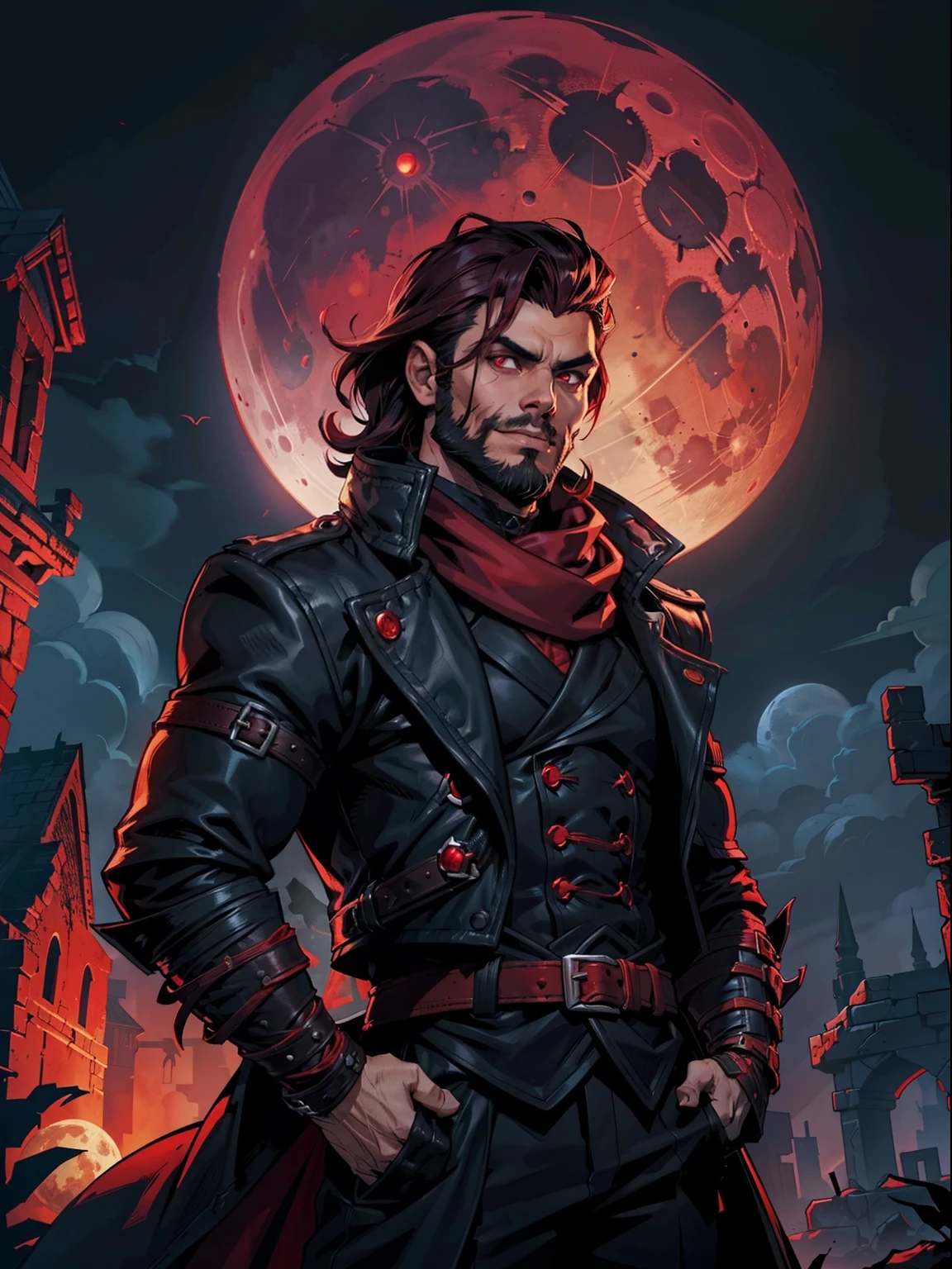 Dark night blood moon background, Darkest dungeon style, looking at the moon, game portrait, Sadurang from Marvel, hunk, short mane hair, mullet, defined face, detailed eyes, short beard, glowing red eyes, dark hair, wily smile, badass, dangerous,  wearing classy trench coat and red scarf