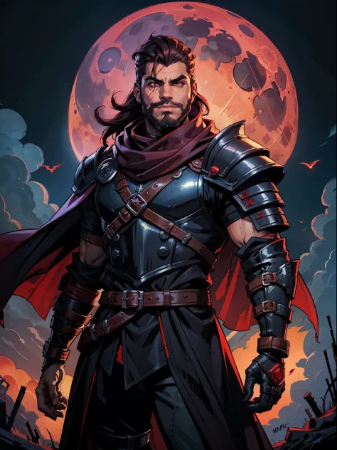 Dark night blood moon background, Darkest dungeon style, looking at the moon, game portrait, Sadurang from Marvel, hunk, short m...