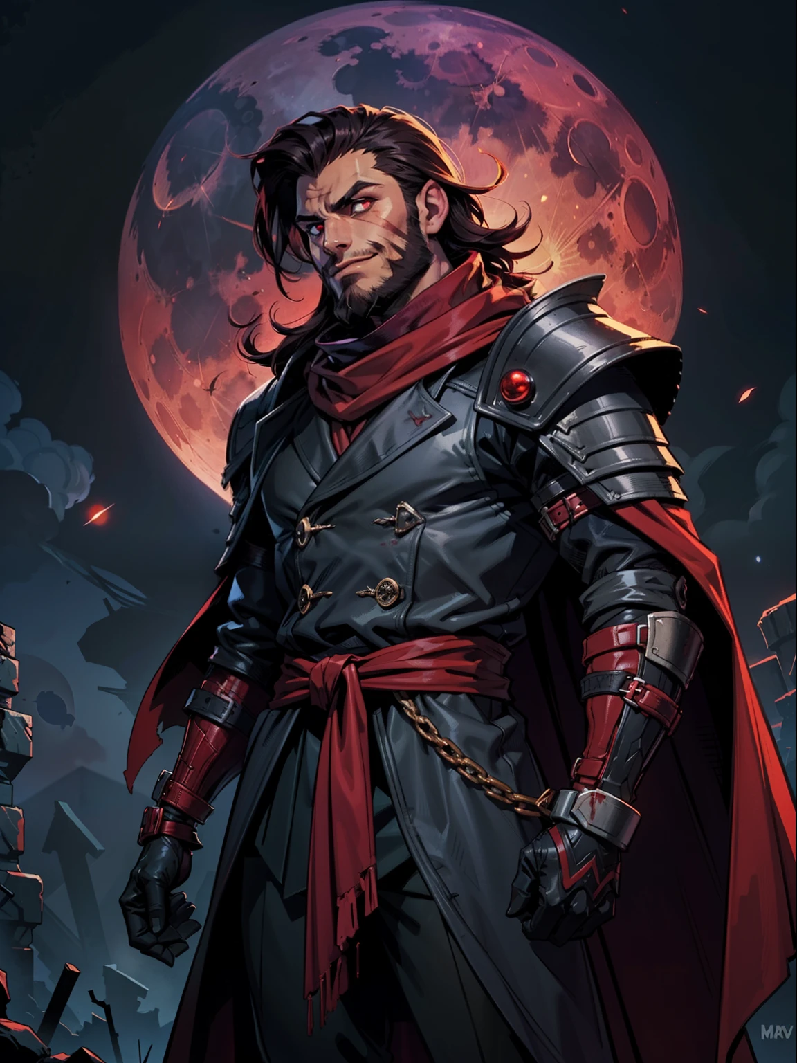 Dark night blood moon background, Darkest dungeon style, looking at the moon, game portrait, Sadurang from Marvel, hunk, short mane hair, mullet, defined face, detailed eyes, short beard, glowing red eyes, dark hair, wily smile, badass, dangerous, wearing classy trench overcoat over armor and red scarf
