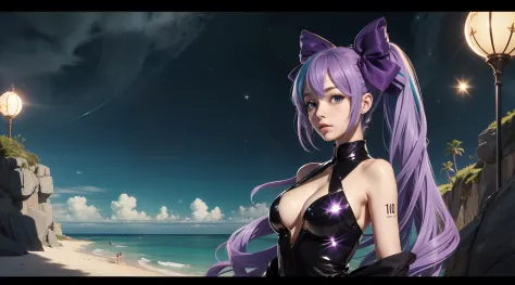 Big breasts Hatsune Miku, beachside, The hair is red and purple, Hair Bow, Colorful eyes are carefully depicted，Anime style, Sparkle, letterboxed, Wide shot, in a panoramic view, hyper HD, 3Drenderingof，Super detail, Award-Awarded, 1080p