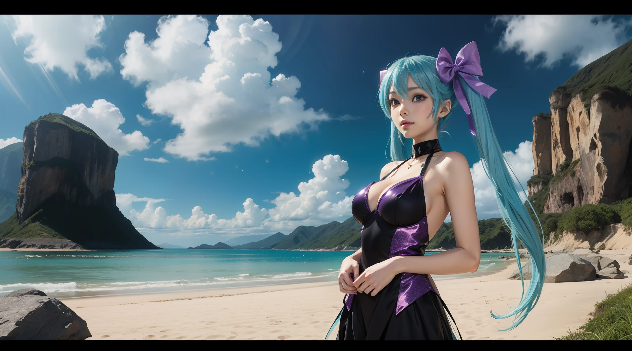 Pechos grandes Hatsune Miku, junto a la playa, El cabello es rojo y morado., lazo para el pelo, Los ojos coloridos están cuidadosamente representados.，estilo animado, brillar, en buzón, plano general, en una vista panorámica, hiper alta definición, 3Drenderingof，Súper detalle, Premiado, 1080p