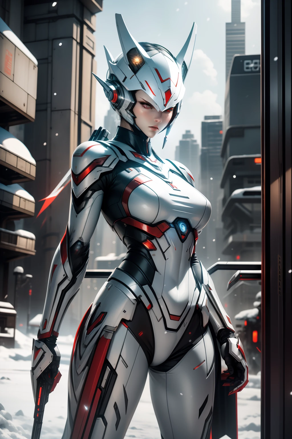 ​masterpiece、top-quality、hight resolution、cyberpunked、Real with creativity、White and red metal body、Slender woman、Beast Woman、Ultraman、snow-white body、(Stance:1.1)、Biomechanics、 Megacities of the future、Dramatic Lighting、Beam rifle in hand、