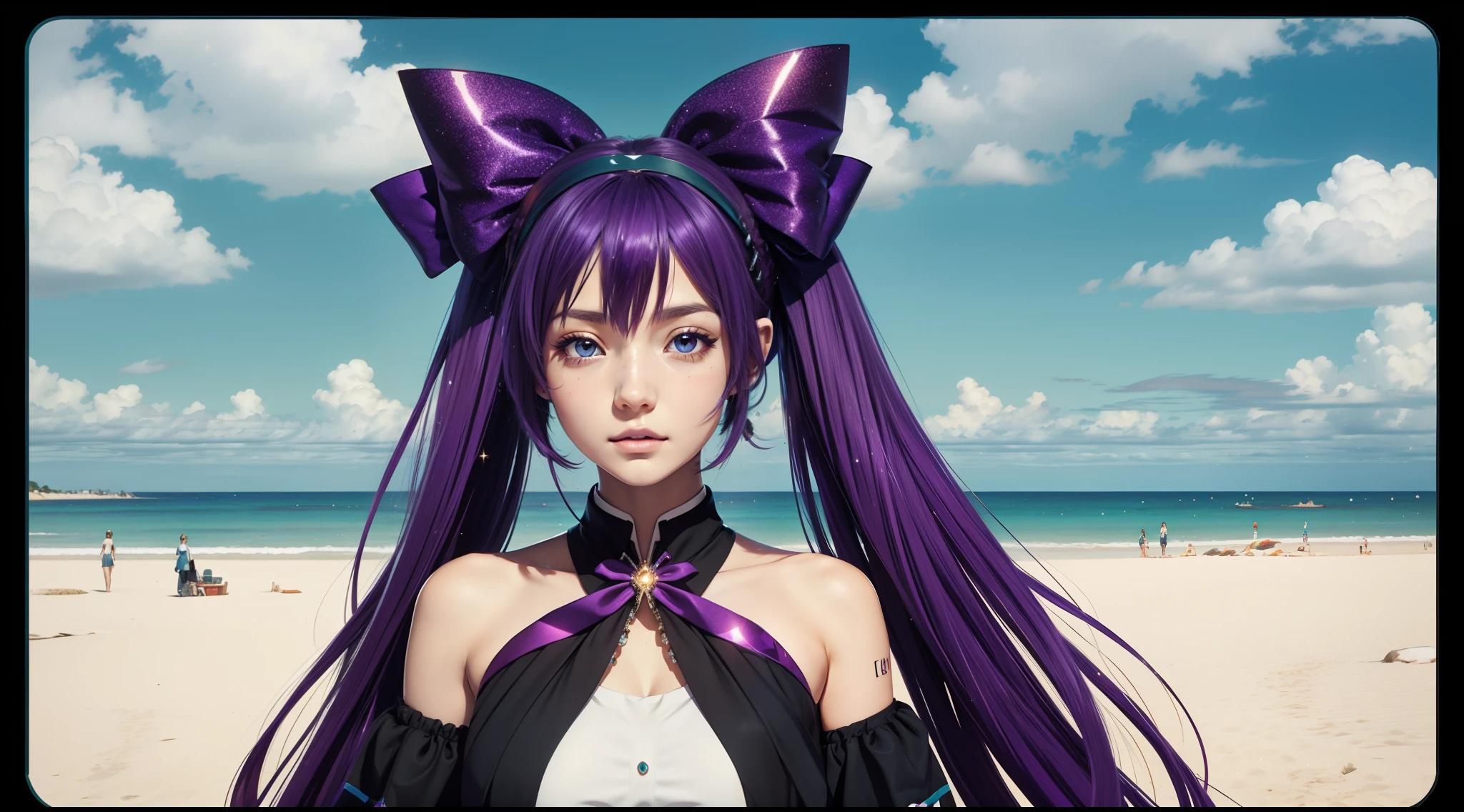 Gros seins Hatsune Miku, bord de mer, Les cheveux sont roux et violets, arc de cheveux, Les yeux colorés sont soigneusement représentés，Style animé, scintillait, boîte aux lettres, plan large, dans une vue panoramique, hyper HD, 3Drendude，Super détail, Récompensé, 1080P