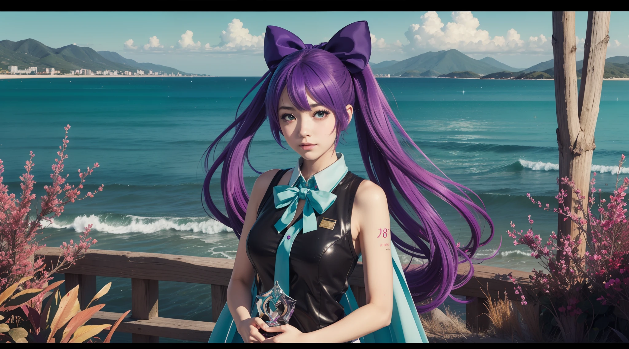 Seios grandes Hatsune Miku, à beira-mar, O cabelo é ruivo e roxo, arco de cabelo, Olhos coloridos são cuidadosamente retratados，estilo anime, brilhar, caixa de correio, plano amplo, numa vista panorâmica, hiper HD, 3Drenderização de，Super Detalhe, Premiado, 1080p